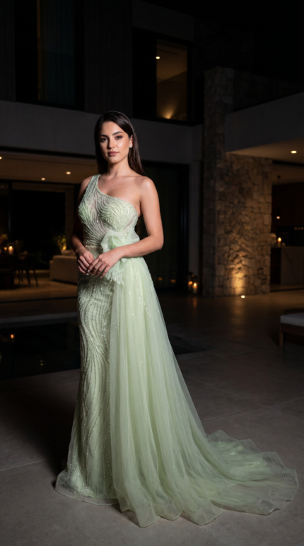 Mint Sequin Mermaid Gown with Tulle Train