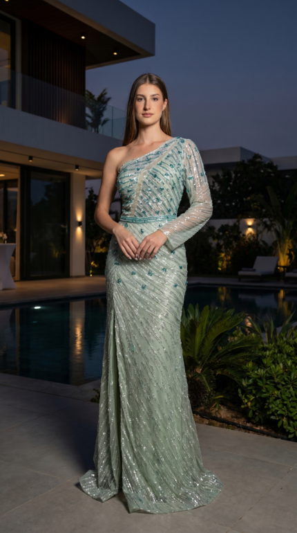 Silver Leaf Illusion Mermaid Gown