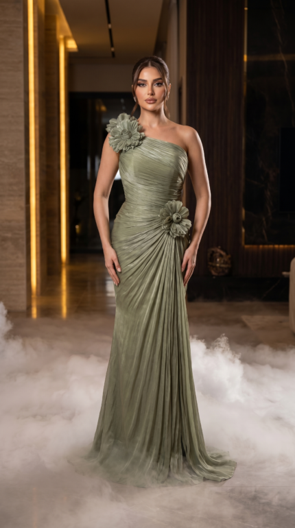 Sage Green One-Shoulder Pleated Gown