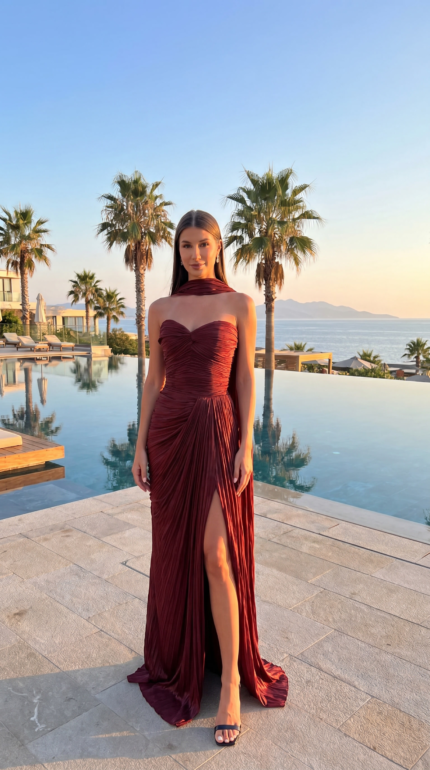 Burgundy Wine Pleated Slit Gown
