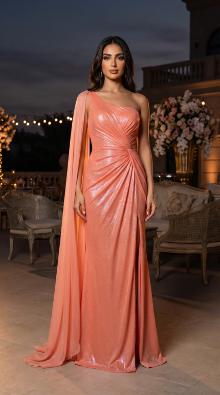 Sparkling Coral One-Shoulder Cape Gown