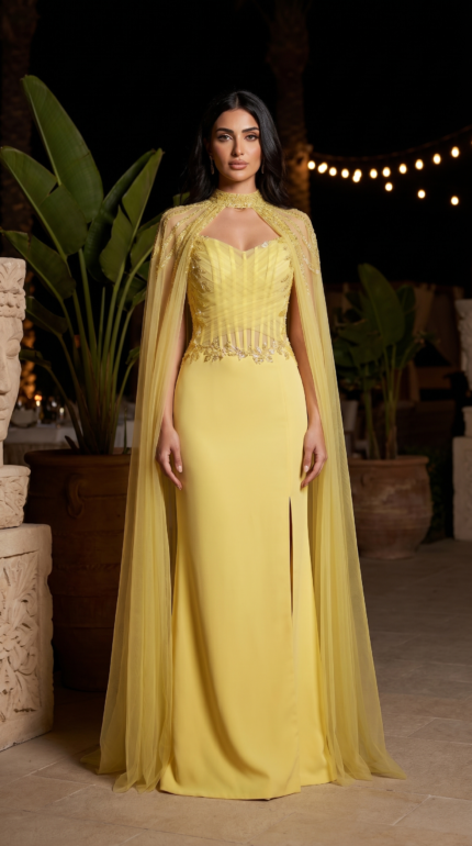Canary Yellow Embellished Cape Gown