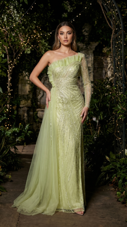 Lime Radiance Beaded One-Sleeve Gown
