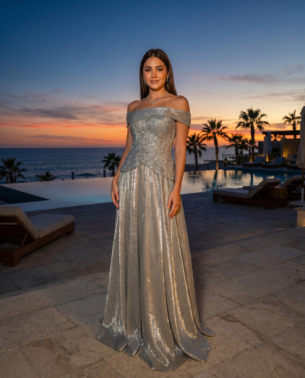 Silver Moonlight Peplum Off-Shoulder Gown