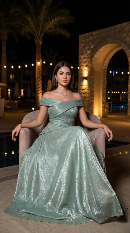 Sage Lumière Off-Shoulder Shimmer Gown