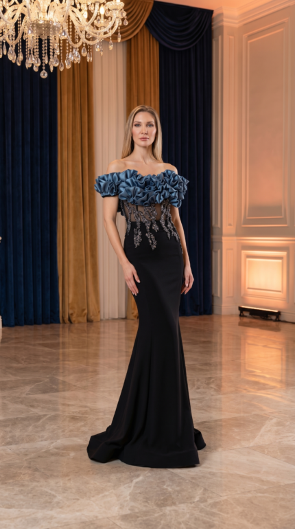 Midnight Teal Rose Bodice Gown