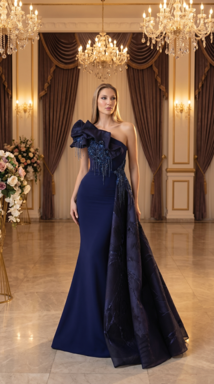 Navy Midnight Asymmetric Ruffle Gown