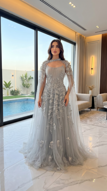 Icy Silver 3D Bloom Cape Gown