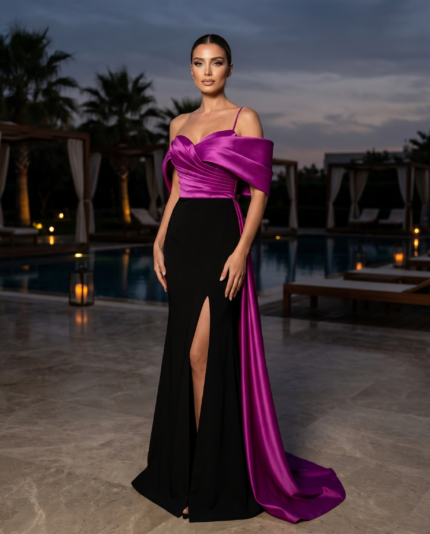 Magenta Satin Wrap Mermaid Gown