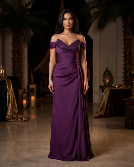 Royal Plum Beaded Off-Shoulder Gown