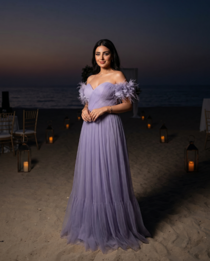 Orchid Feather-Trimmed Plissé Gown