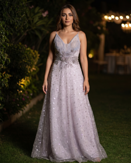 Moonlit Silver Sequin Camisole Gown