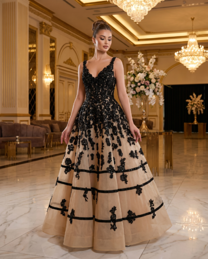 Black Lace Nude Tulle Ballgown