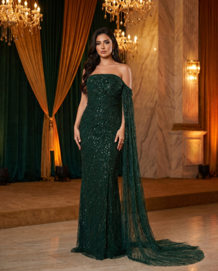 Deep Forest Sequin Cape Gown