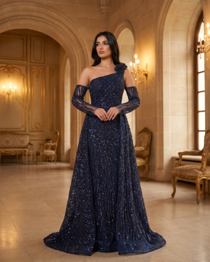 Midnight Navy One-Shoulder Sequin Gown