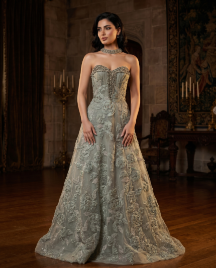Sage Floral 3D Appliqué Gown