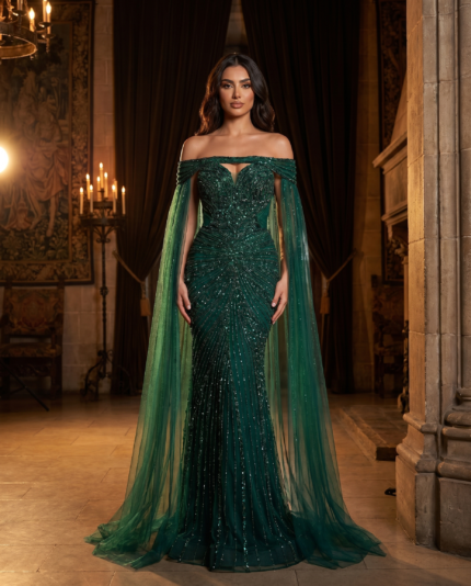 Emerald Radiance Cape Gown