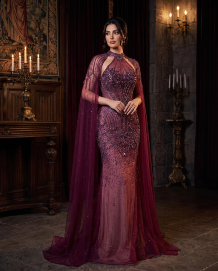 Midnight Plum Illusion Cape Gown
