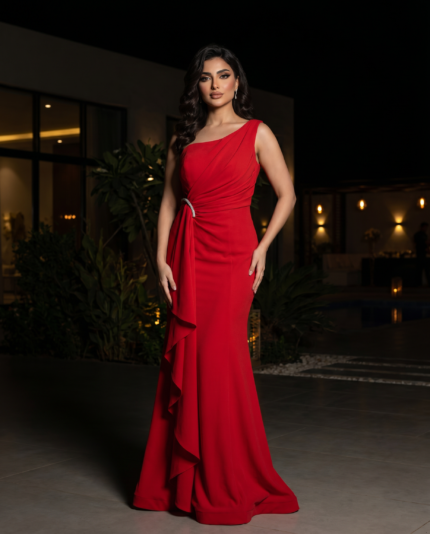 Scarlet One-Shoulder Crystal Drape Gown