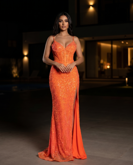 Sunset Orange Sequin Corset Gown