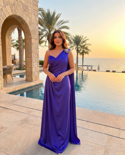 Indigo Satin Draped Cape Gown