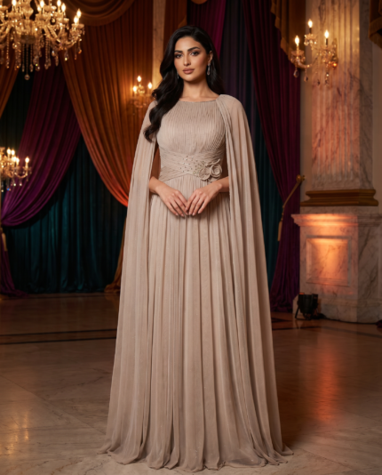 Taupe Pleated Cape Gown