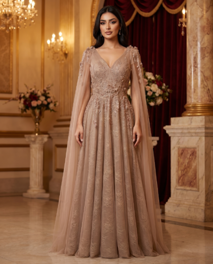 Dusty Rose Floral Cape Gown