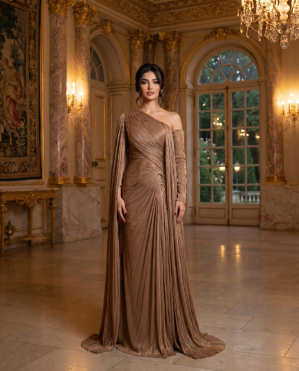 Copper One-Shoulder Pleated Gown