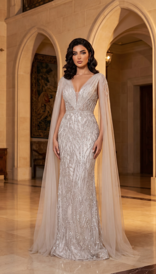 Ivory Stardust Illusion Cape Gown
