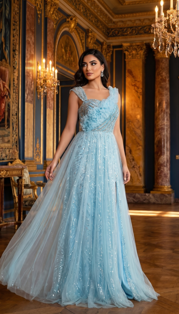 Aquamarine Blossom Tiered Tulle Gown