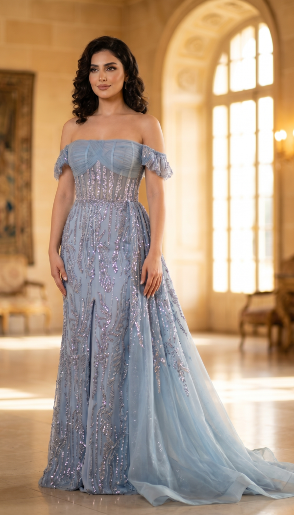 Periwinkle Dewdrop Off-Shoulder Gown
