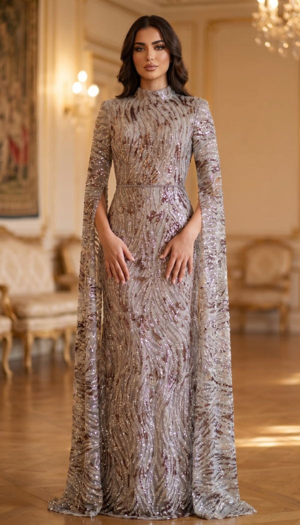 Platinum Quartz High-Neck Cape Gown