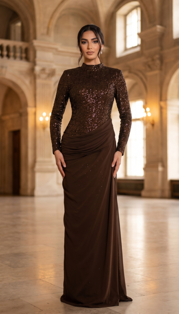 Espresso Shimmer Draped Column Gown