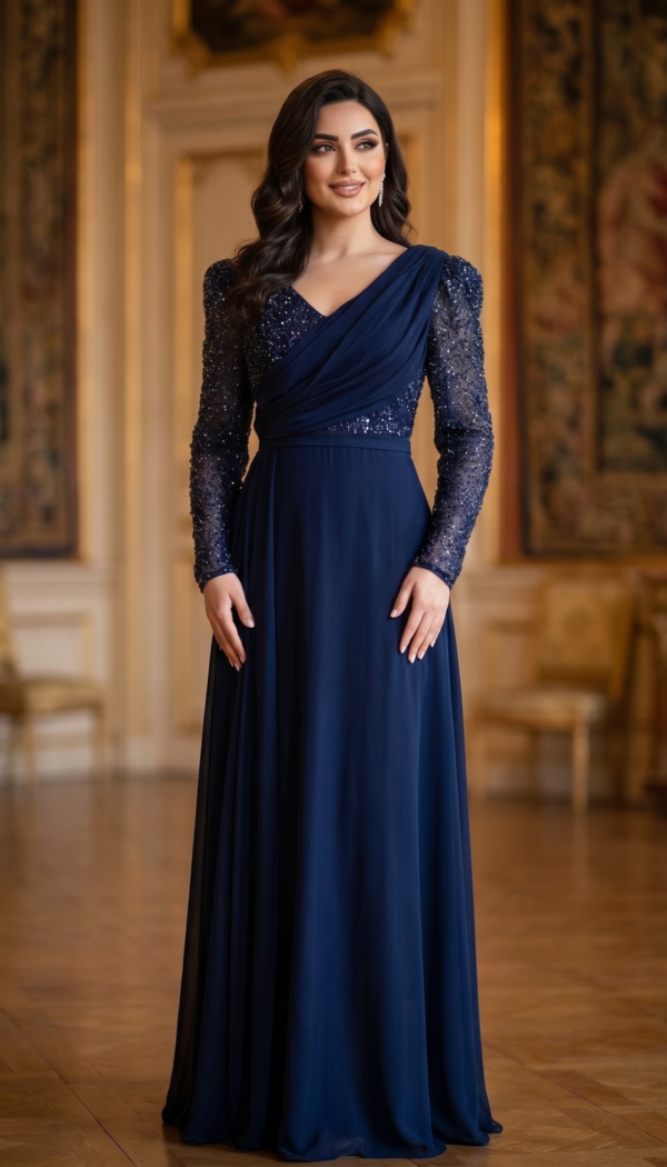 Midnight Sequin Draped Chiffon Gown