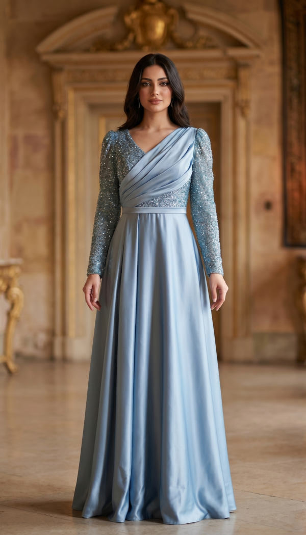 Powder Blue Draped Satin Gown