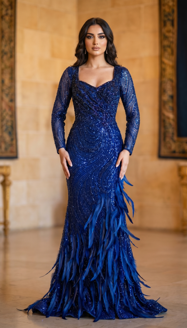 Royal Sapphire Feather-Trim Gown