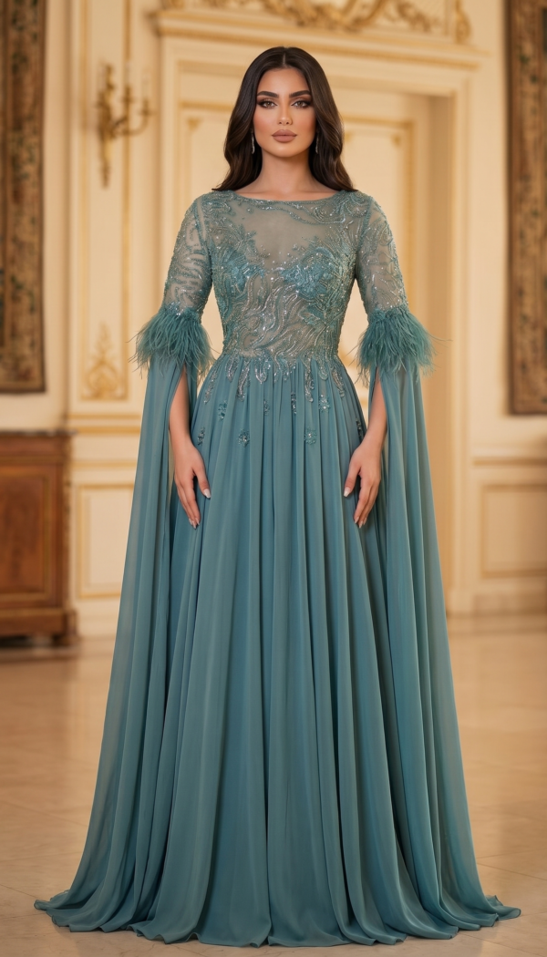Seafoam Filigree Feather-Cuff Gown