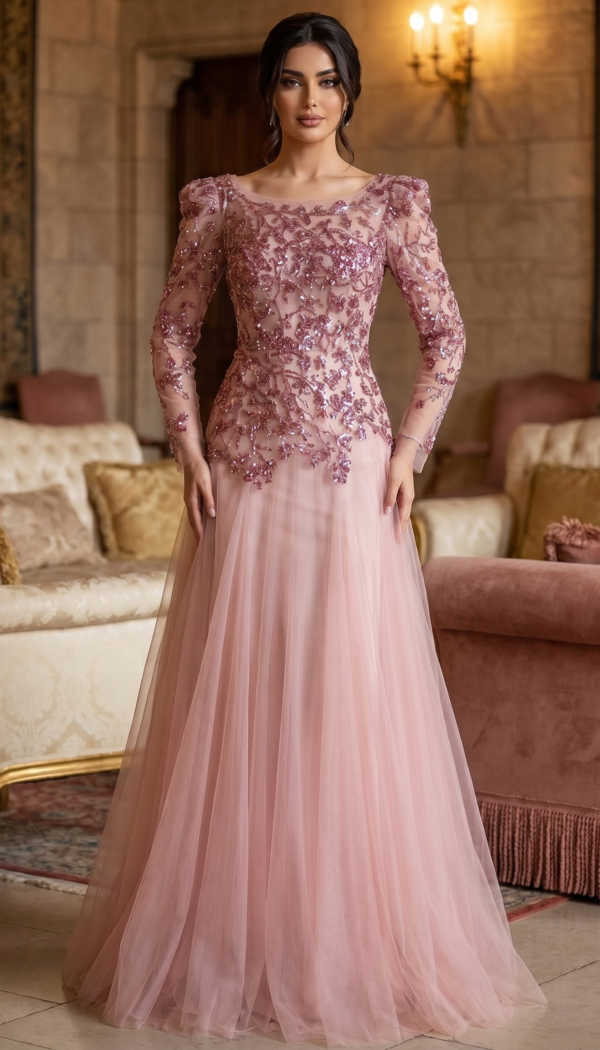 Blush Blossom Sequin Tulle Gown