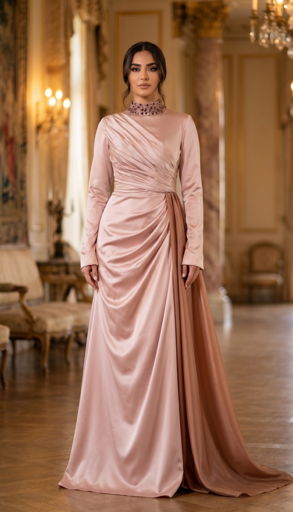 Rosewood Satin Draped High-Neck Gown