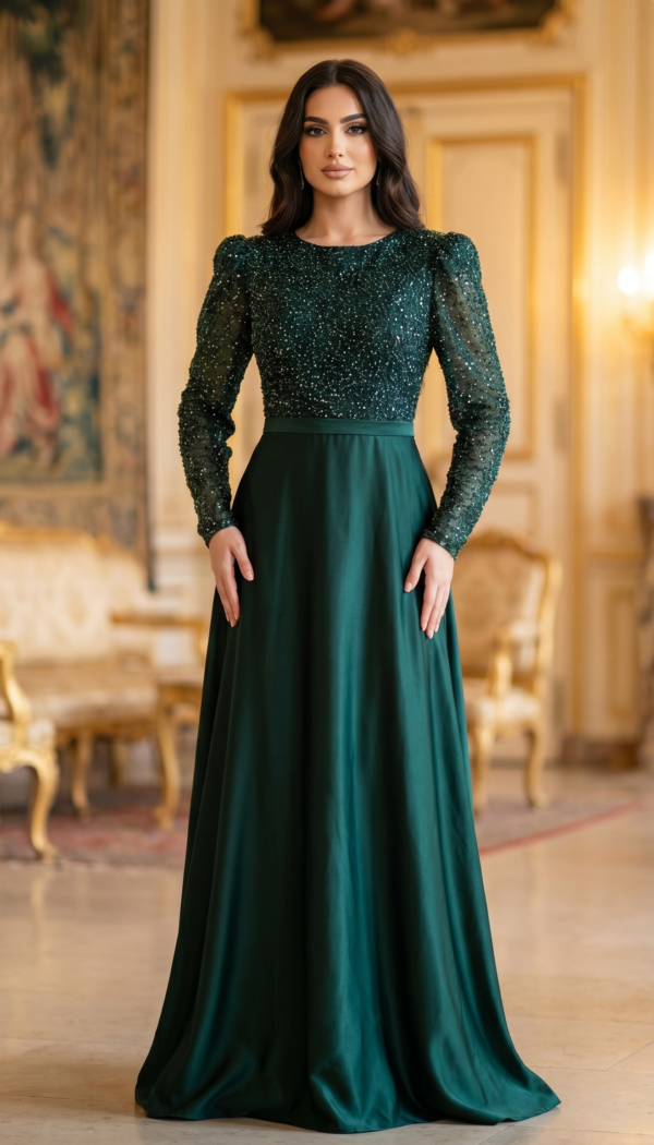 Emerald Stardust Satin-Trim Gown