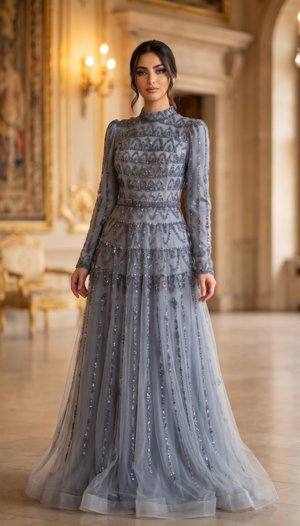 Slate Grey Geometric Tulle Gown