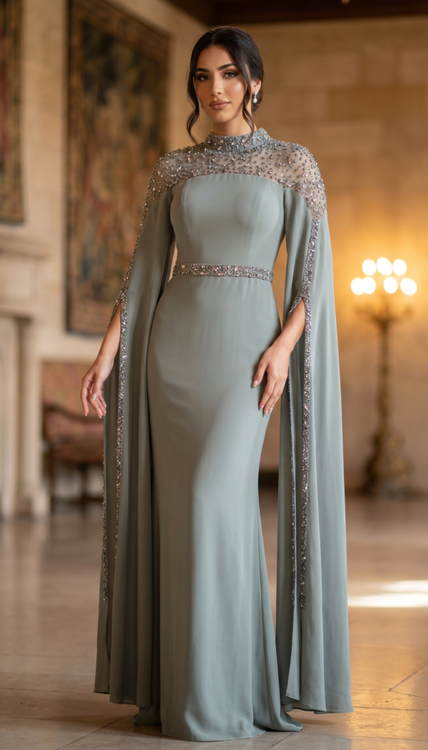Sage Empress Beaded Cape Gown
