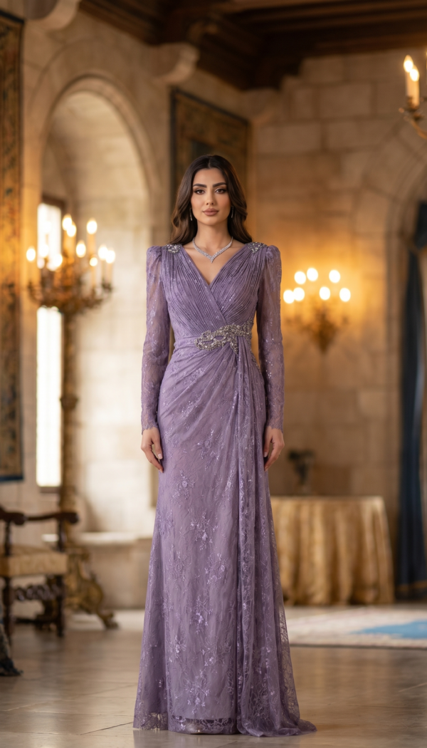 Orchid Lace Pleated Wrap Gown