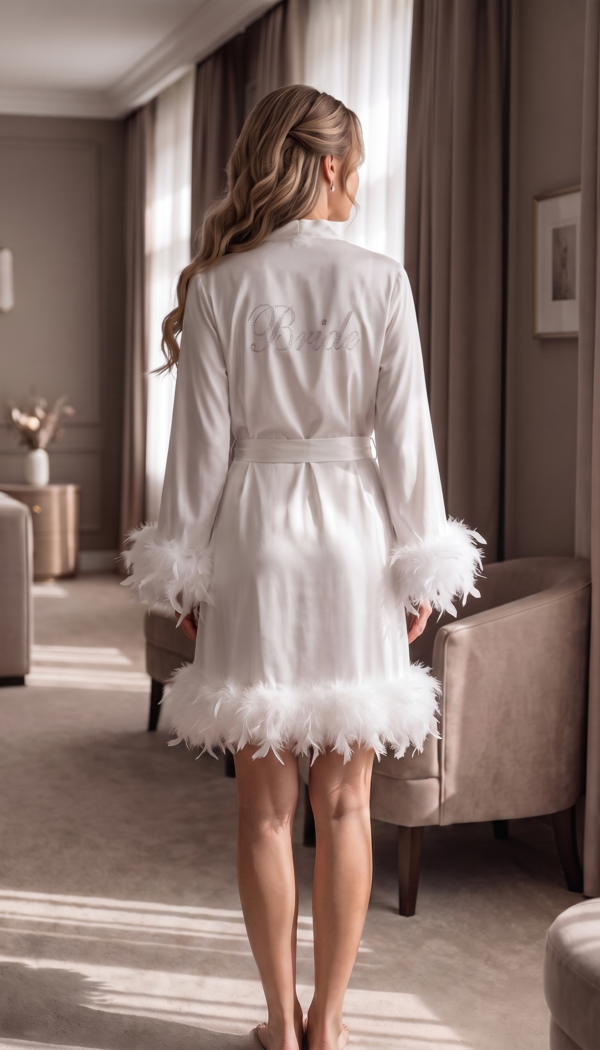 Rhinestone 'Bride' Feather Trim Long Satin Robe