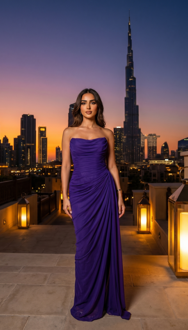 Deep Violet Strapless Draped Gown