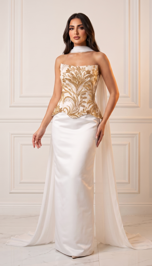 Ivory Gold Embroidered Peplum Gown with Chiffon Cape