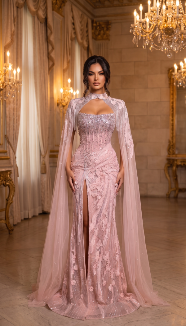 Dusty Rose Floral Lace Corset Gown with Sheer Cape