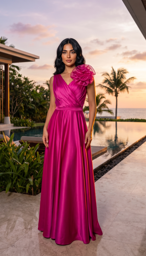 Magenta Pink One-Shoulder Floral Rosette Satin Gown
