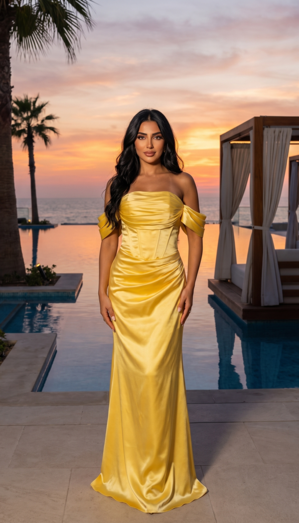 Sunshine Yellow Off-the-Shoulder Corset Satin Gown