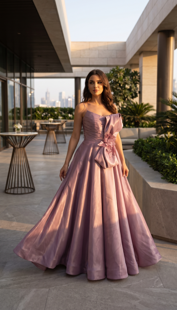 Mauve Strapless Corset A-Line Gown with Oversized Floral Bow